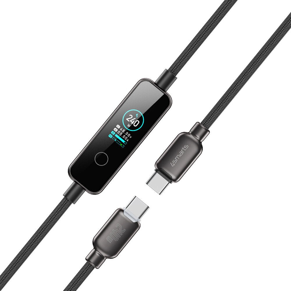 4smarts ScreenCord 240W USB-C til USB-C Kabel m. Indbygget Display - 1.2m - Sort