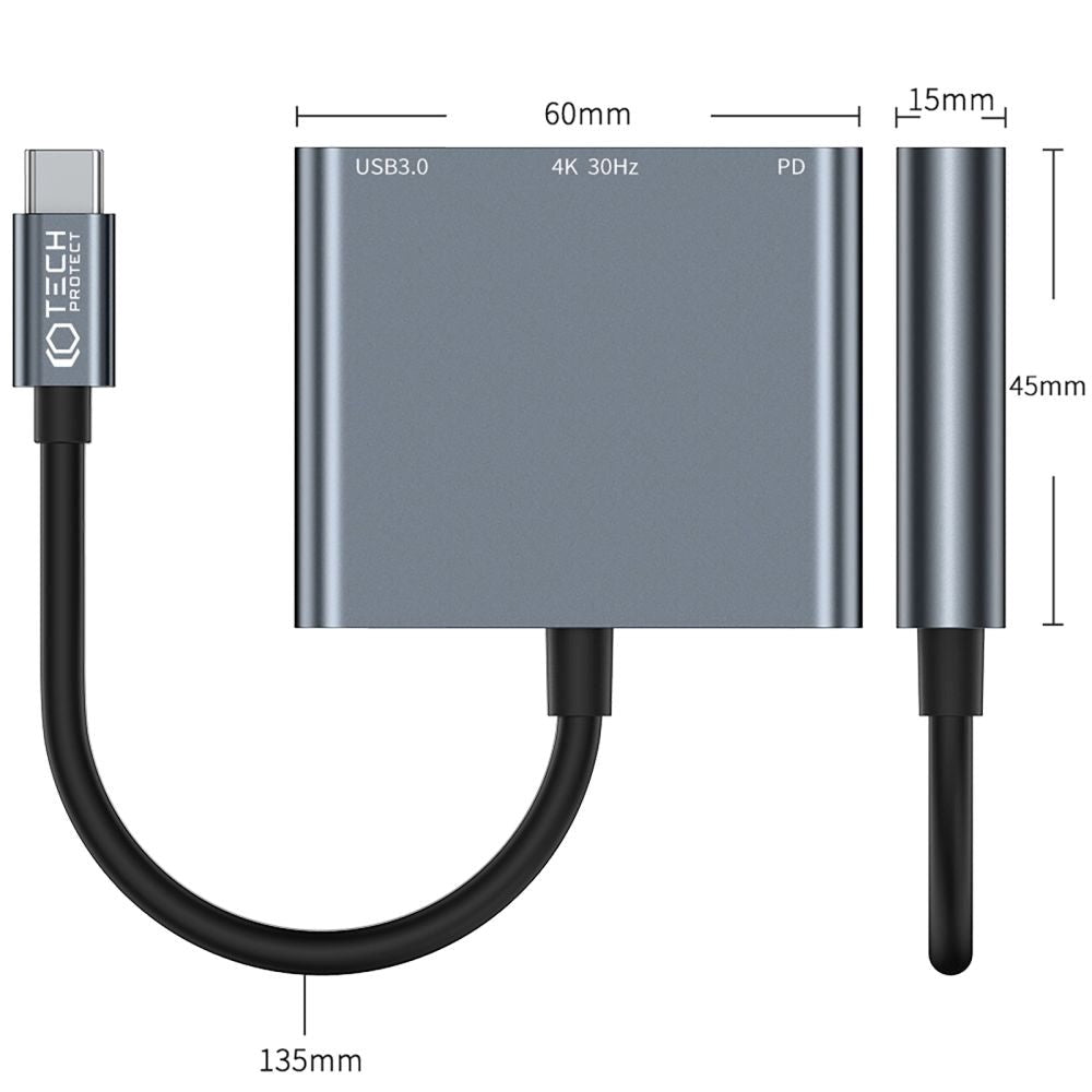 Tech-Protect V1 3-in-1 USB-C Multiport Hub - USB-A / USB-C / HDMI - Grå