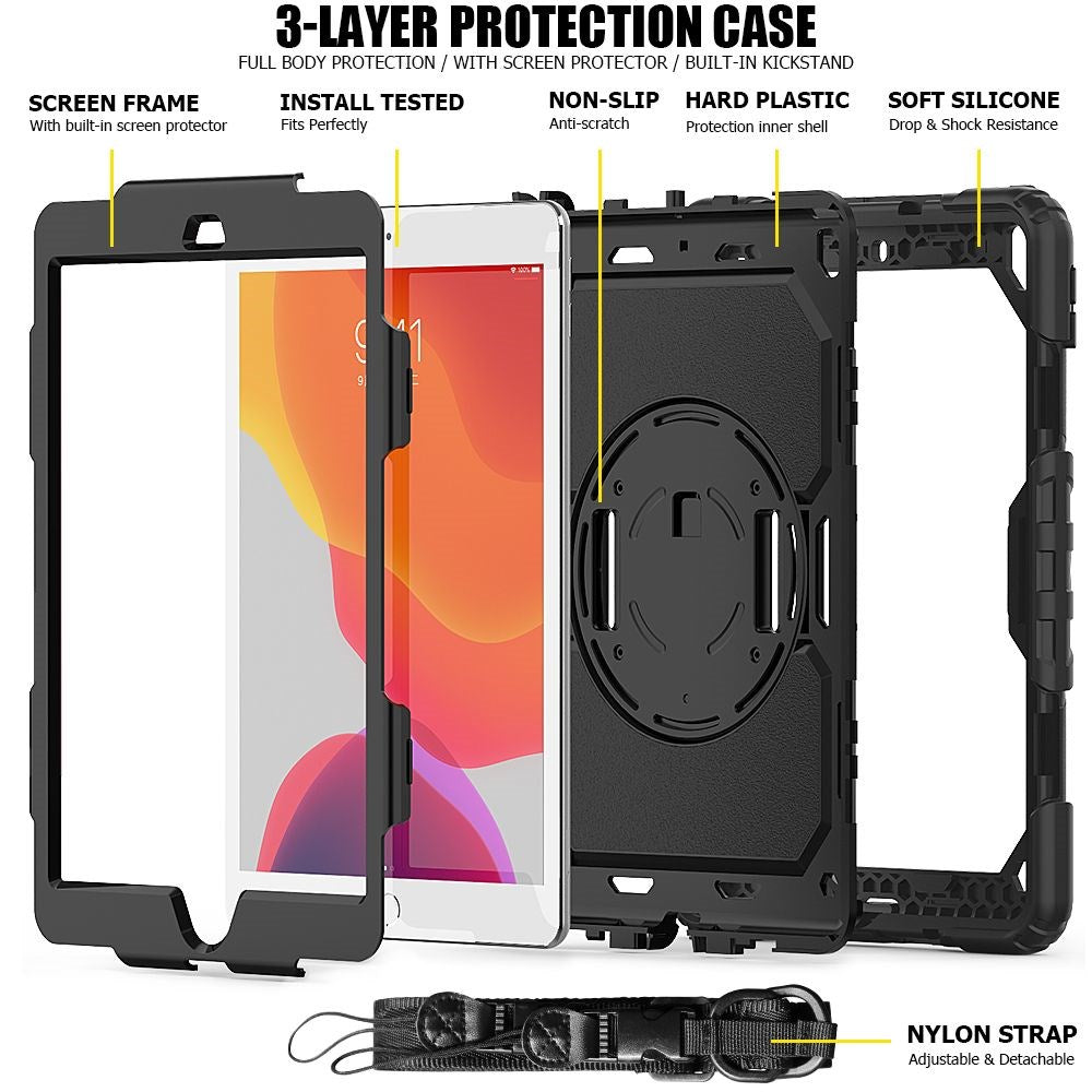 iPad 10.2" (2021 / 2020 / 2019) Tech-Protect Solid360 Håndværker Cover m. Beskyttelsesfilm, Håndholder & Skulderstrop - Sort