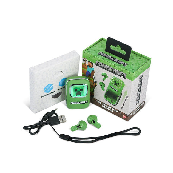 Minecraft OTL True Wireless In-Ear Headset m. Skub-Op Opladningsetui - Grøn