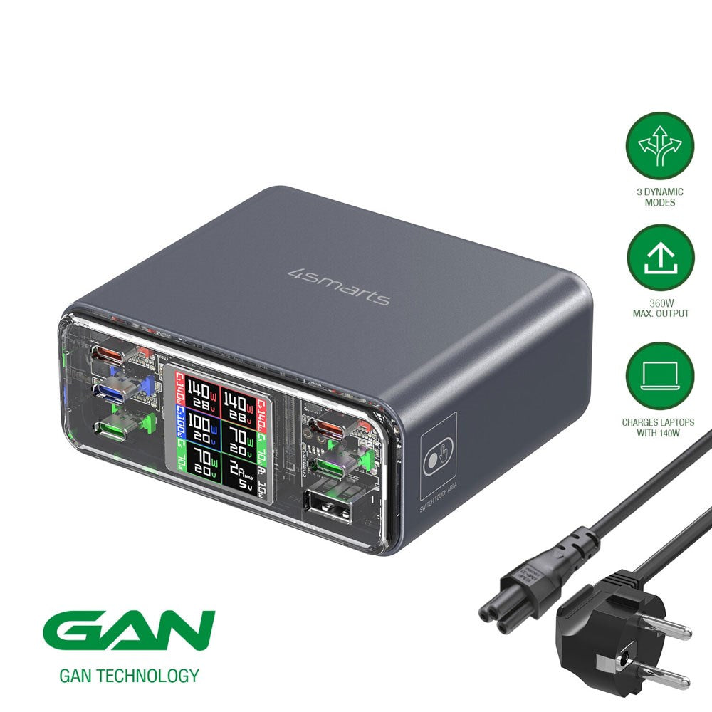 4smarts Lucid GaN DIY Bordoplader - 360W / 5x USB-C & 1x USB-A - Grå