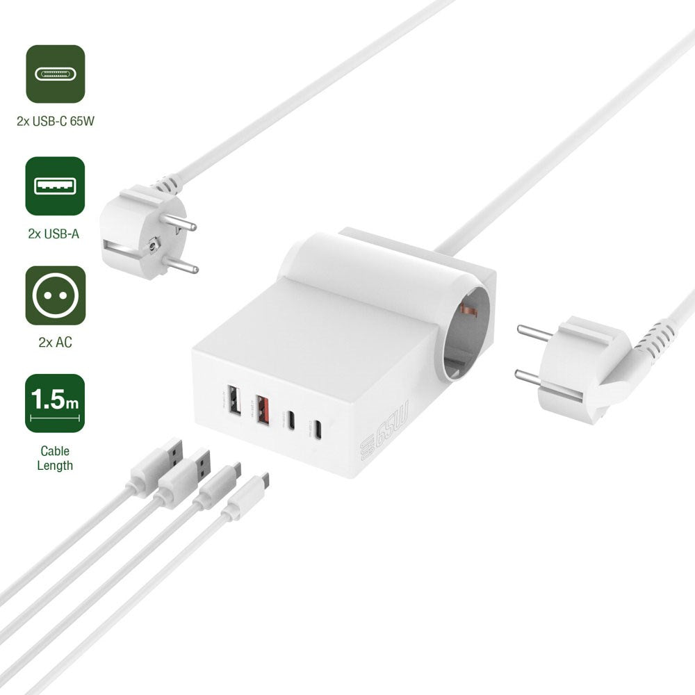 4smarts 6-i-1 GaN 65W Stømskinne m. 2x AC / 2x USB-C / 2x USB-A - Hvid