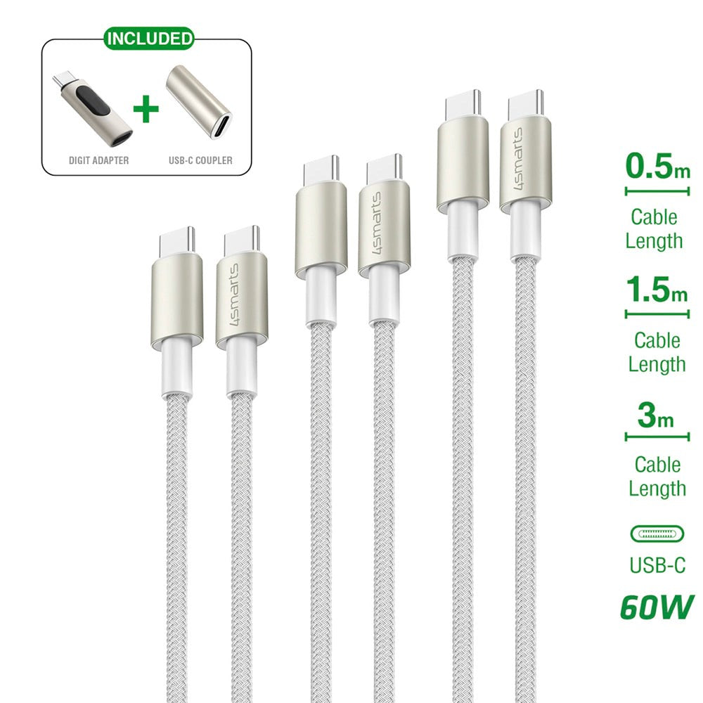 4smarts USB-C til USB-C PremiumCord 60W - 3x USB-C til USB-C Kabel m. USB-C Adapter & Forlænger - Hvid