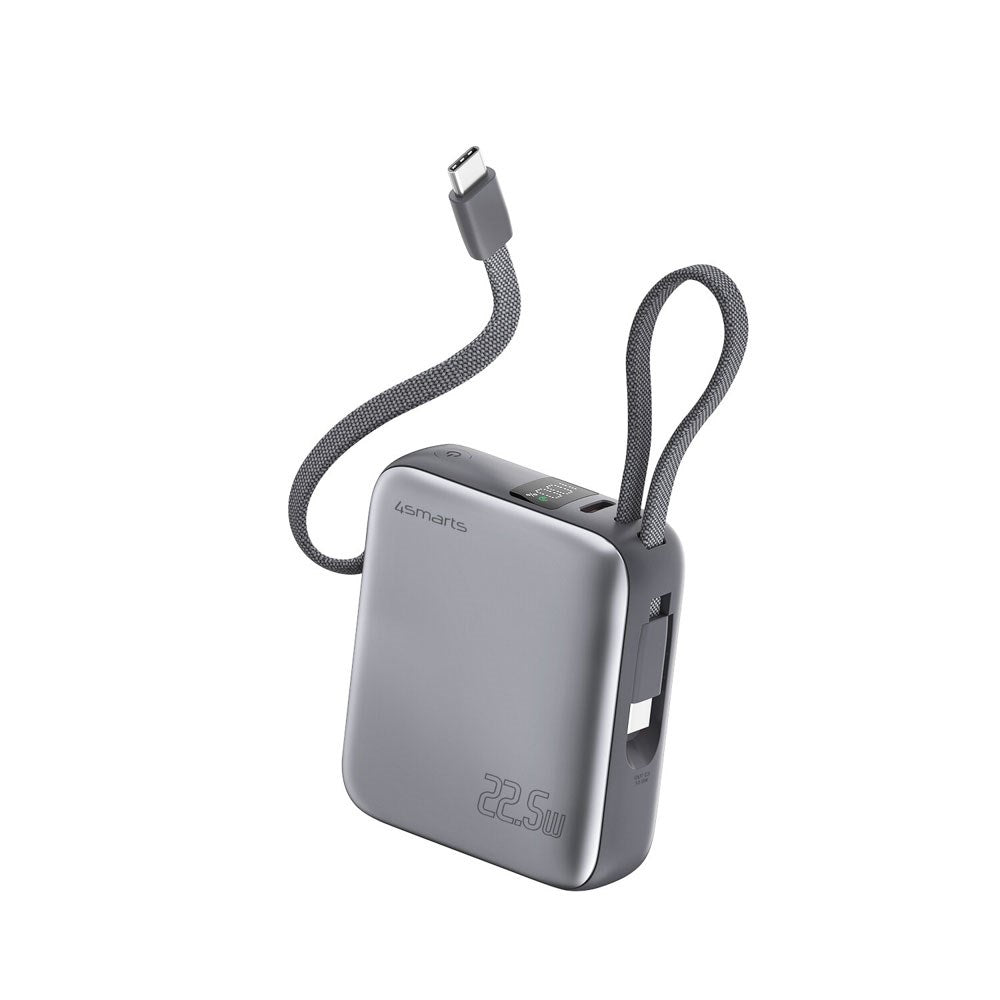 4smarts Pocket Dual Cord 22.5W PowerBank m. Indbygget USB-C Kabel - 10.000 mAh - Space Grey