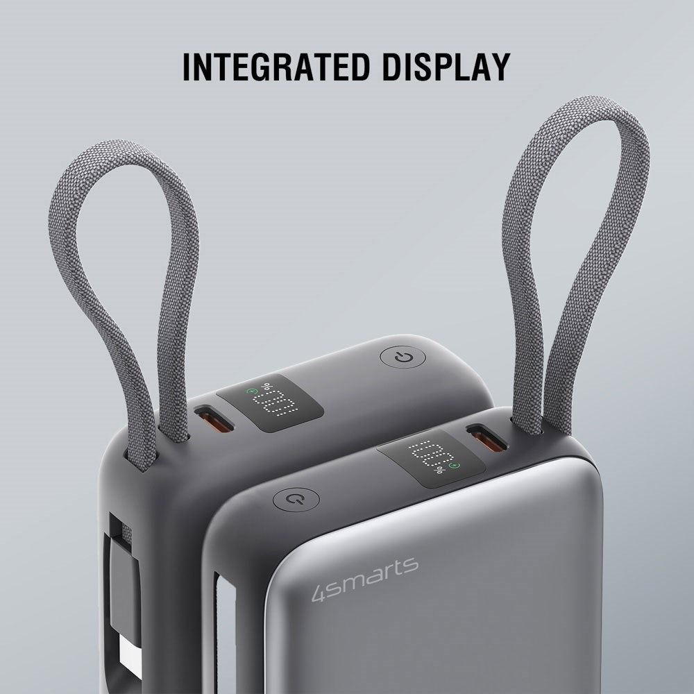 4smarts Pocket Dual Cord 22.5W PowerBank m. Indbygget USB-C Kabel - 10.000 mAh - Space Grey