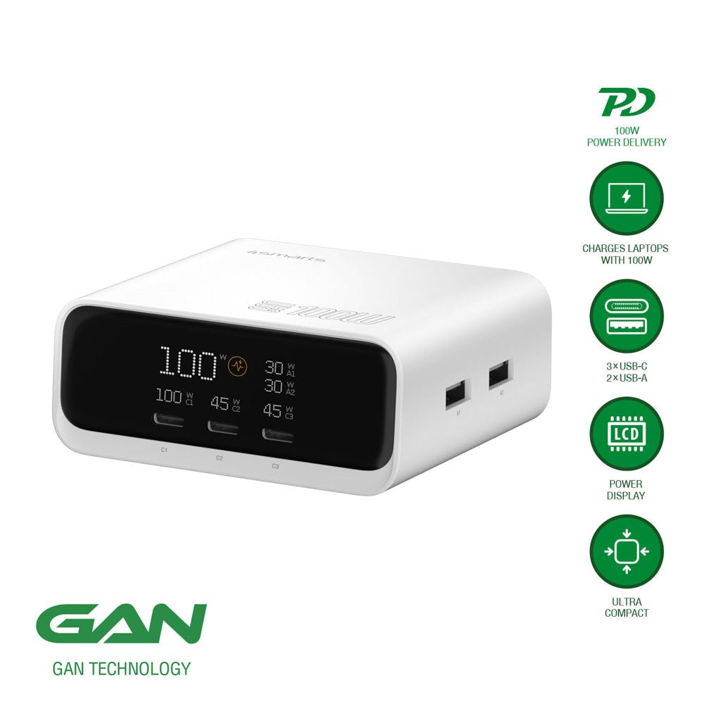 4smarts GaN Bordoplader m. Skærm - 100W / 3x USB-C & 2x USB-A - Hvid