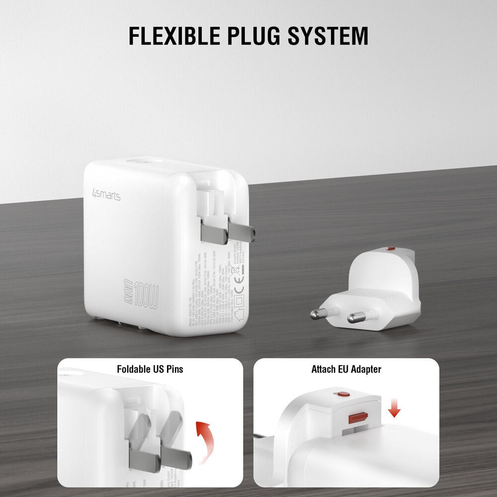 4smarts GaN 100W Vægoplader m. Display - Indbygget USB-C Kabel - 1 x USB-A - 1 x USB-C - Hvid