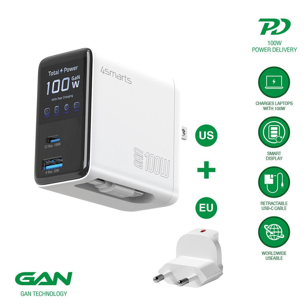 4smarts GaN 100W Vægoplader m. Display - Indbygget USB-C Kabel - 1 x USB-A - 1 x USB-C - Hvid