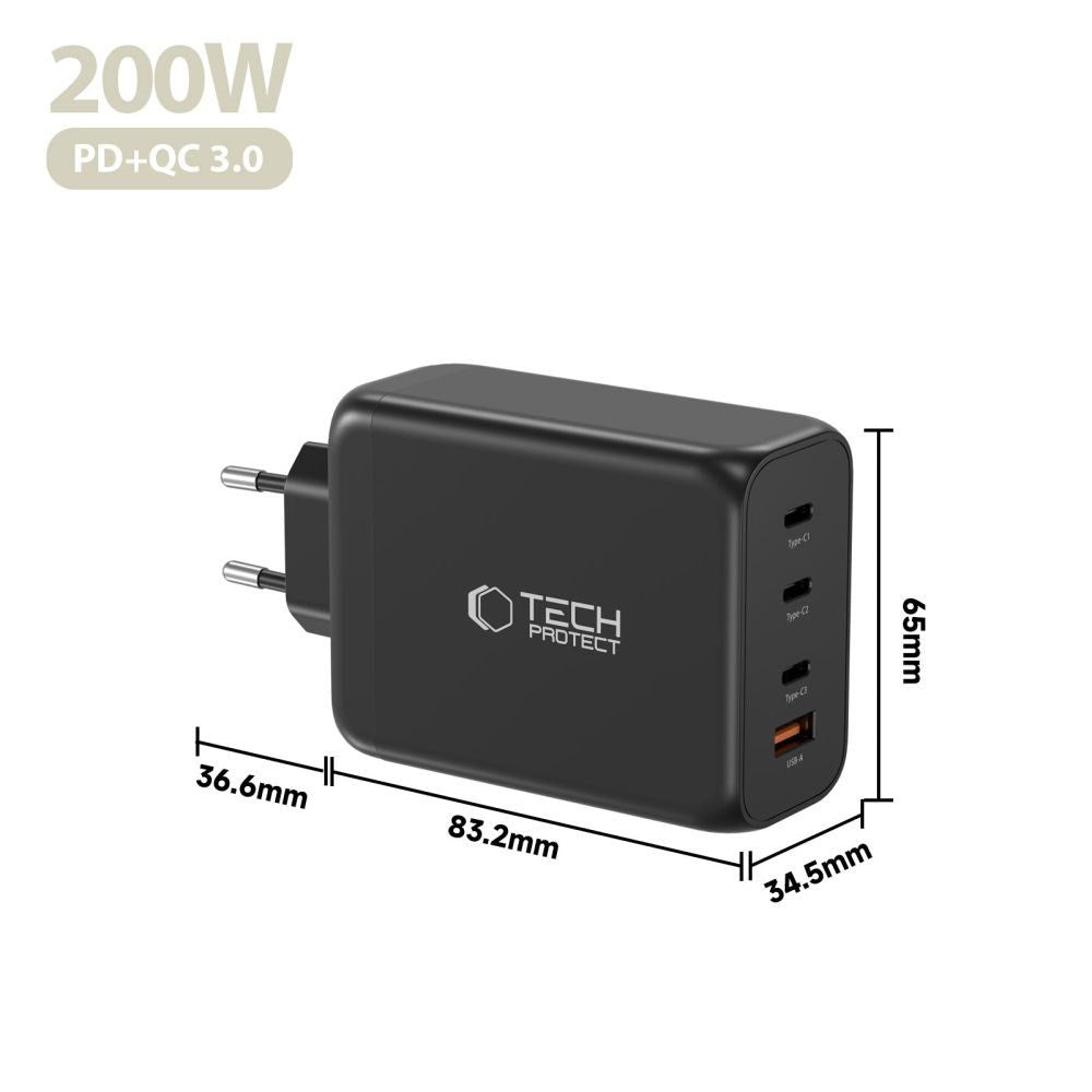 Tech-Protect 200W Vægoplader m. 3x USB-C & 1x USB-A - Sort