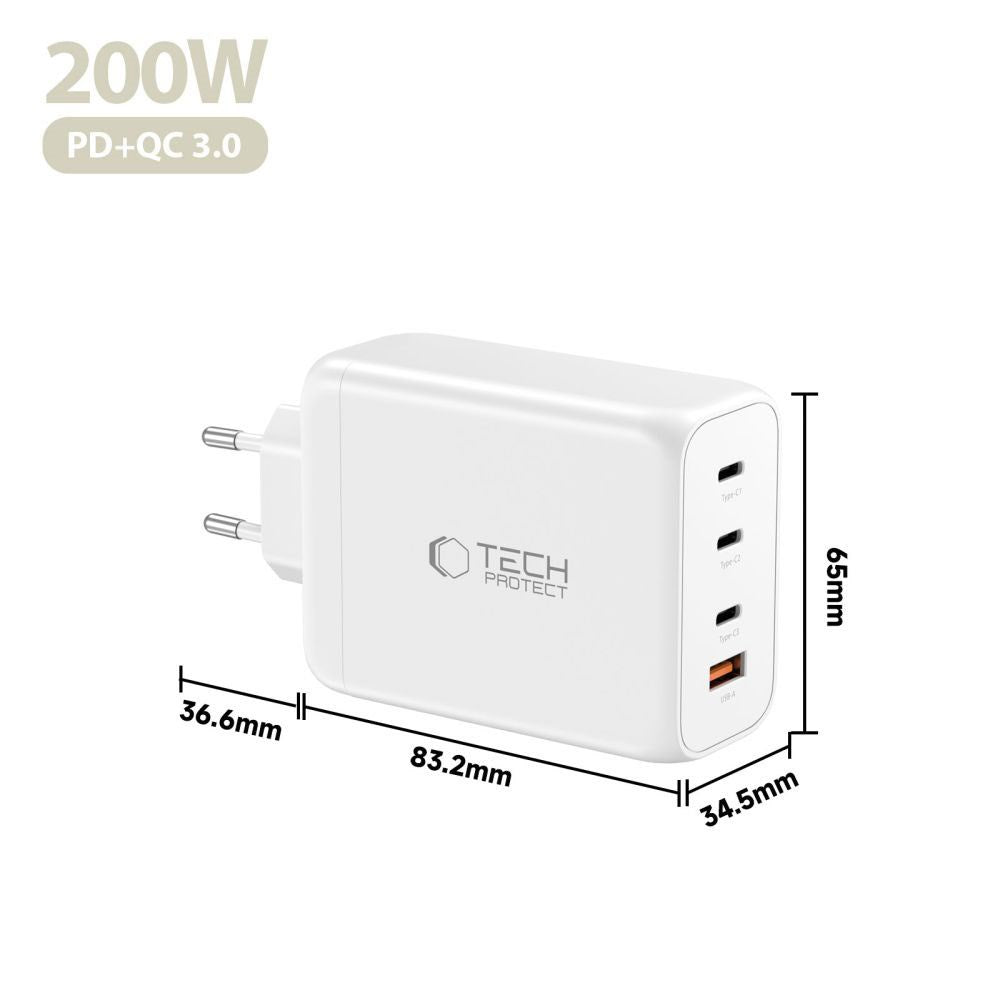 Tech-Protect 200W Vægoplader m. 3x USB-C & 1x USB-A - Hvid