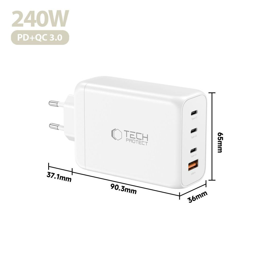 Tech-Protect 240W Vægoplader m. 3x USB-C & 1x USB-A - Hvid