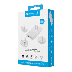 Sandberg 4-i-1 65W Rejseoplader m. 2x USB-C - EU / UK / AUS - Hvid
