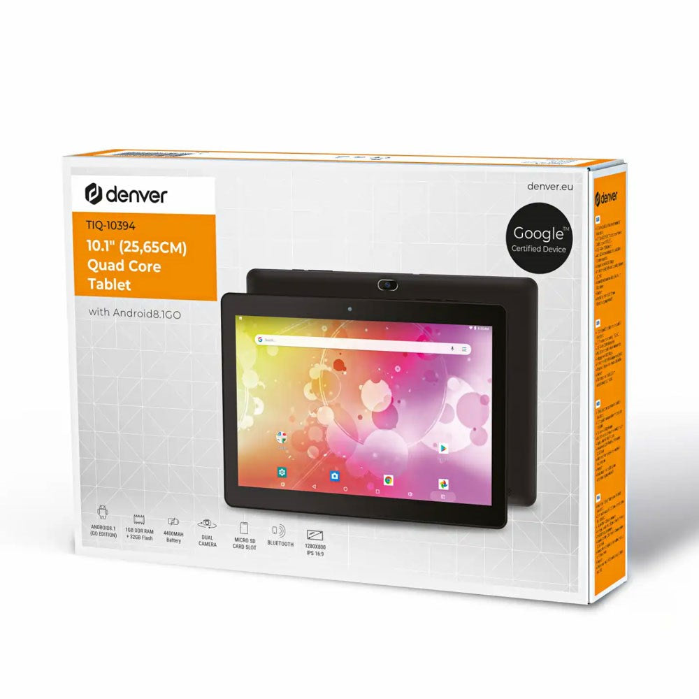 Denver TIQ-10394 Tablet 10.1" med Android 8.1 GO - 1 RAM & 32 GB - 4.400mAh - Sort
