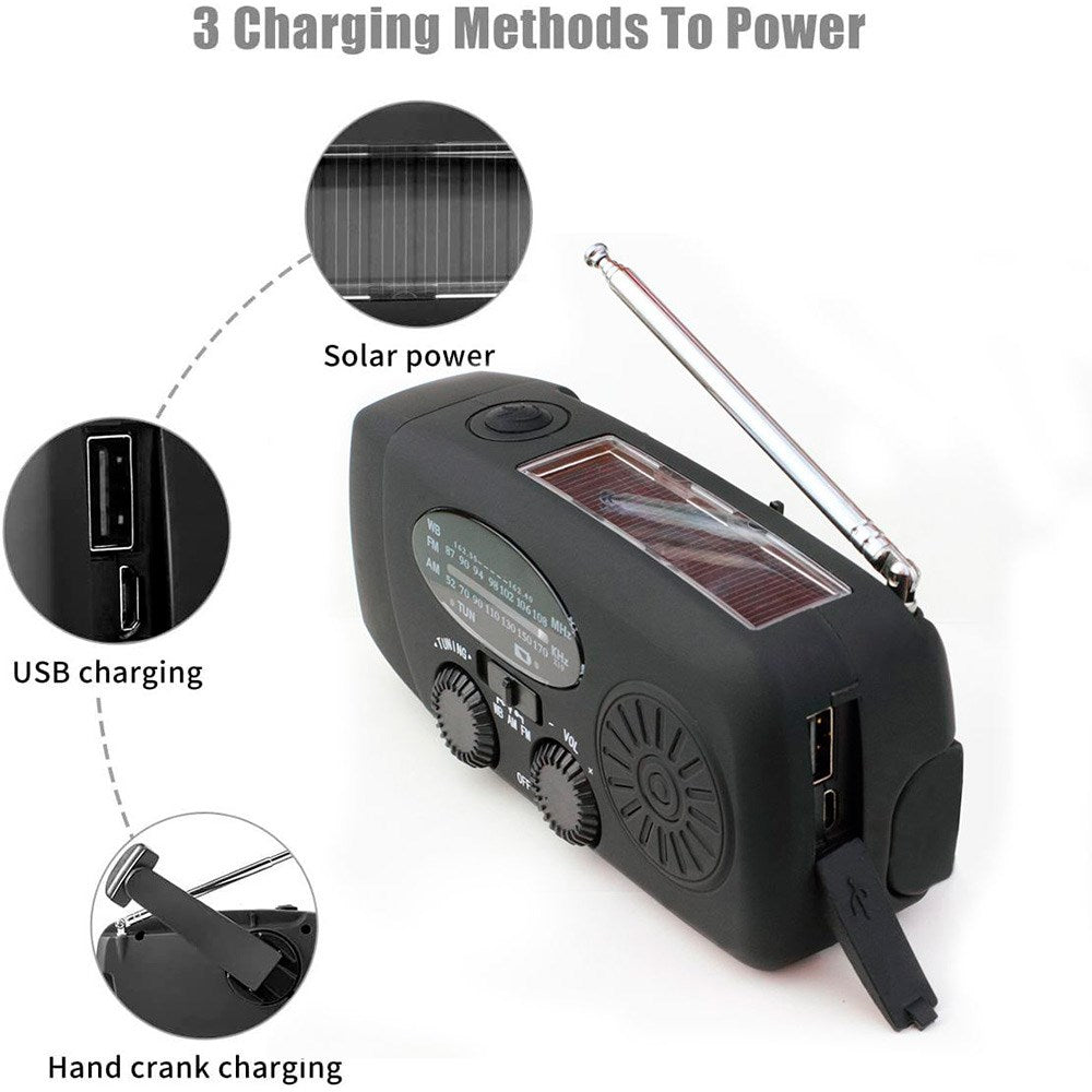 Lippa Nødradio m. 2.000mAh Solcelle PowerBank & Lommelygte - Sort