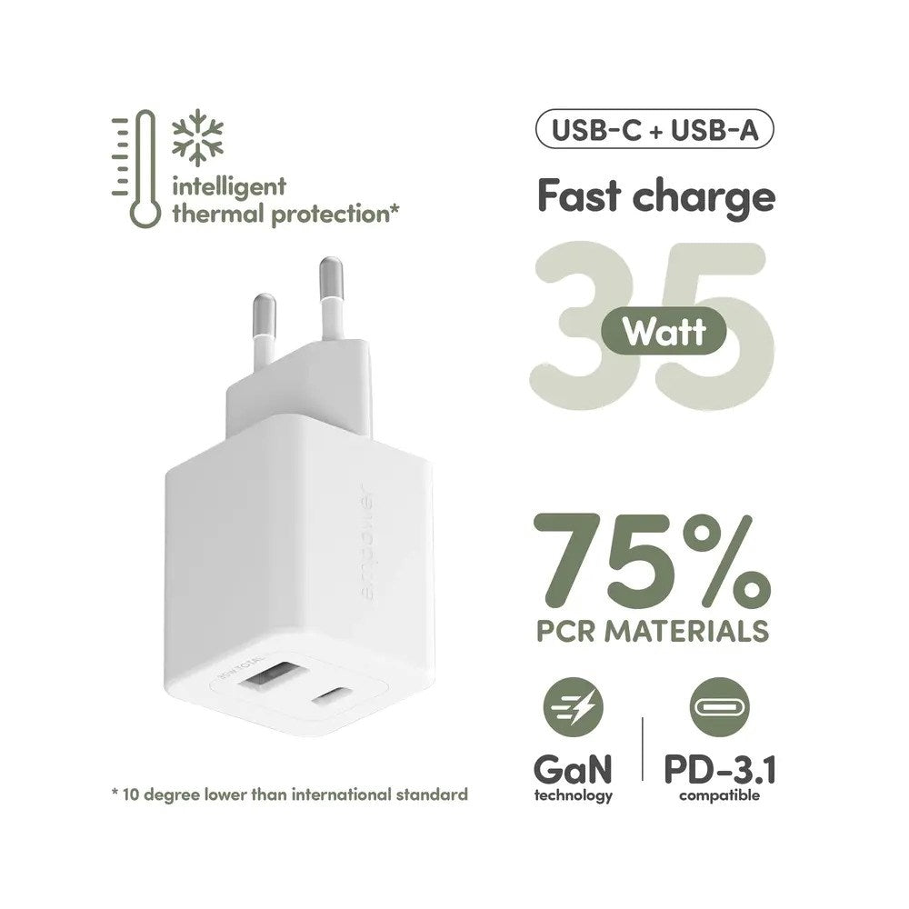 empower by PanzerGlass Turbo 35W Vægoplader m. 1x USB-A & 1x USB-C - Silver White