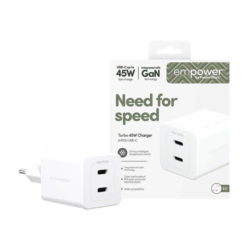 empower by PanzerGlass Turbo 45W Vægoplader m. 2x USB-C - Silver White