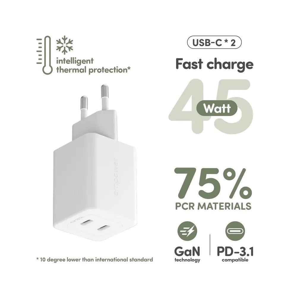 empower by PanzerGlass Turbo 45W Vægoplader m. 2x USB-C - Silver White