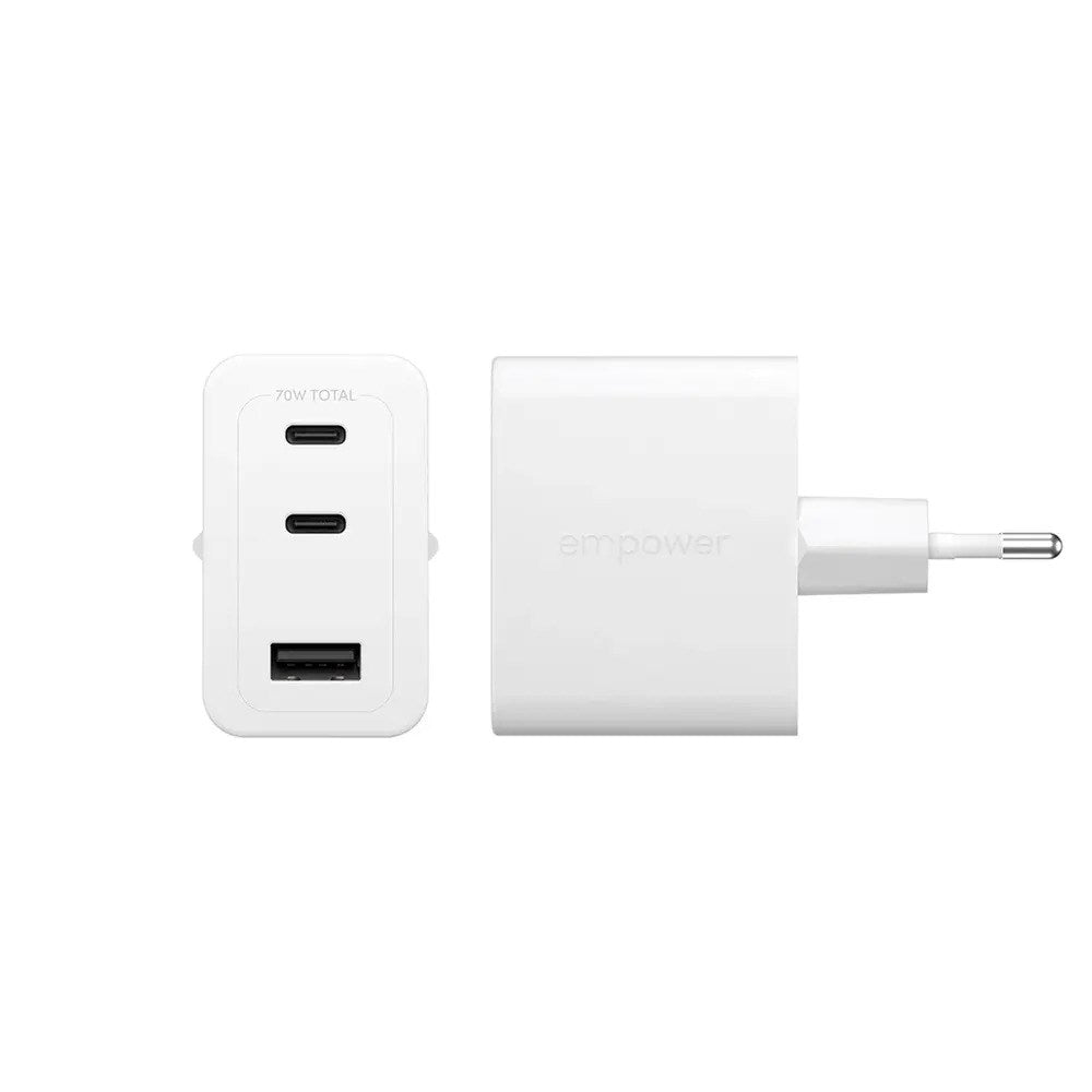 empower by PanzerGlass Turbo 70W Vægoplader m. 1x USB-A & 2x USB-C - Silver White