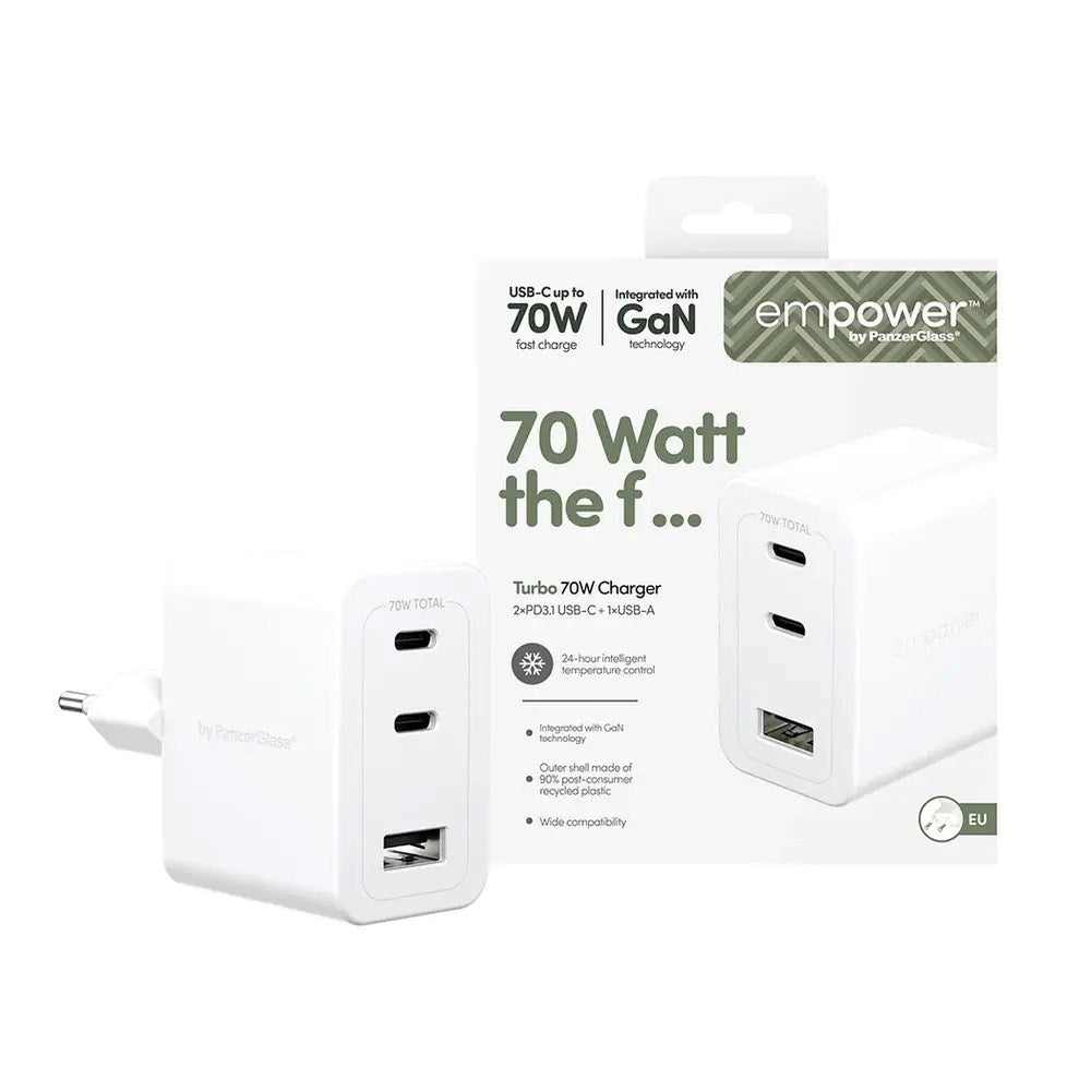 empower by PanzerGlass Turbo 70W Vægoplader m. 1x USB-A & 2x USB-C - Silver White