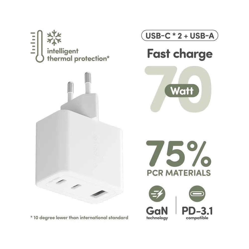 empower by PanzerGlass Turbo 70W Vægoplader m. 1x USB-A & 2x USB-C - Silver White