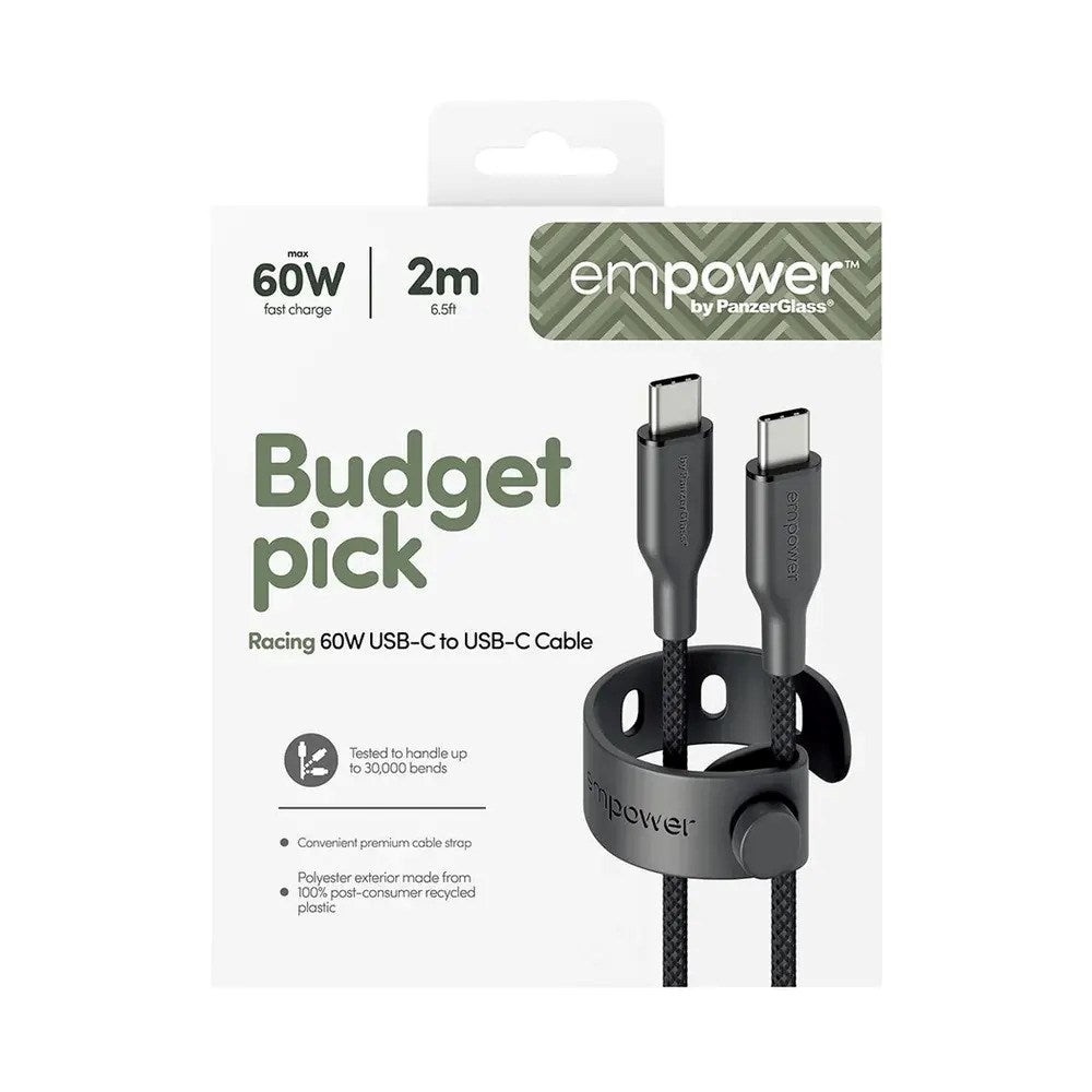 empower by PanzerGlass Racing 60W USB-C til USB-C Kabel - 2m - Space Black