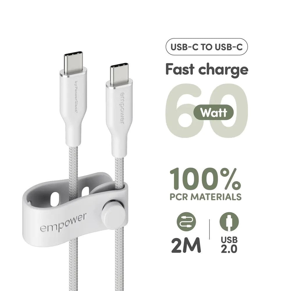 empower by PanzerGlass Racing 60W USB-C til USB-C Kabel - 2m - Silver White