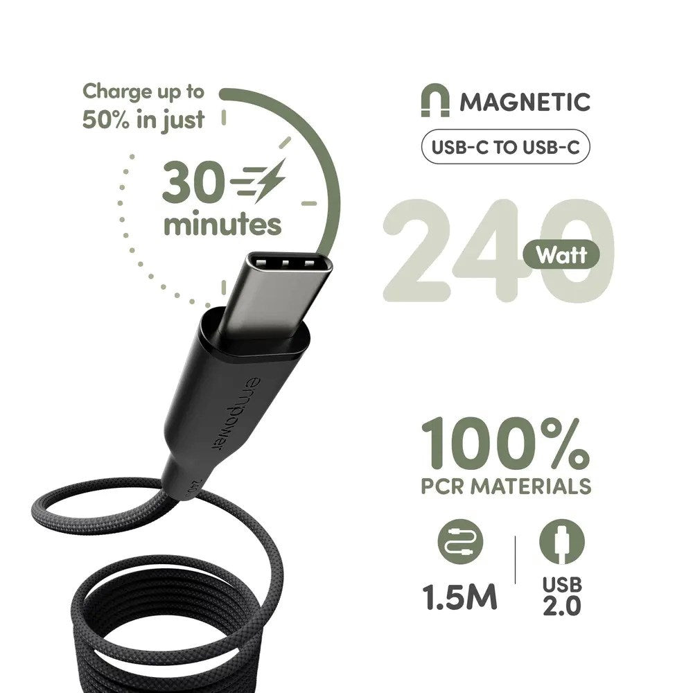 empower by PanzerGlass Magnetic 240W USB-C til USB-C Kabel - 1.5m - Space Black