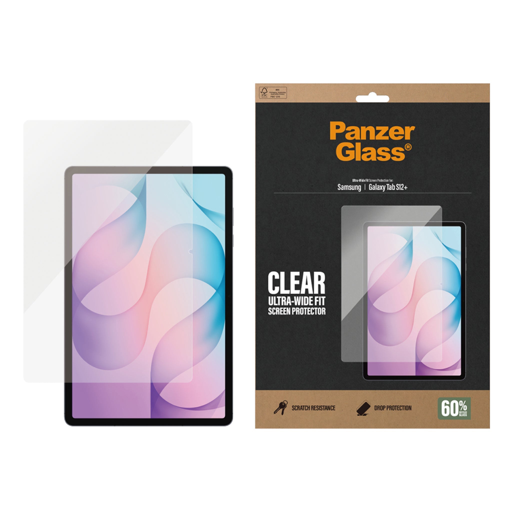 Samsung Galaxy Tab S12+ (Plus) PanzerGlass Ultra-Wide Fit Hærdet Glas Skærmbeskyttelse - Gennemsigtig