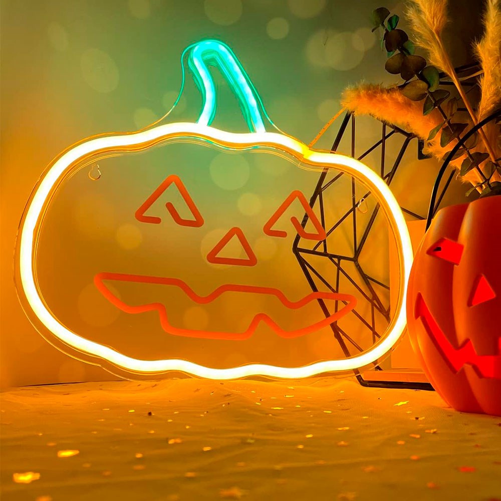 Neolia Halloween LED Neon Skilt - Orange og Grønt Lys m. Græskar