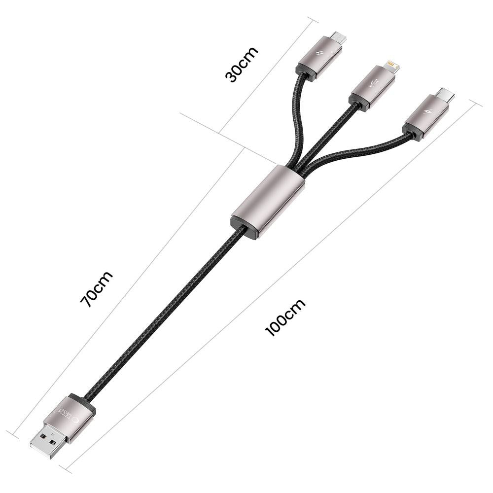 Tech-Protect Ultraboost 3-i-1 3.5A Kabel m. Lightning / USB-C / Micro-USB - 1 m. - Grå