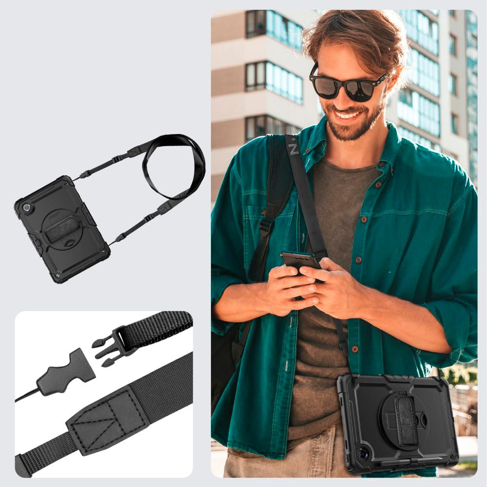 Lenovo Tab M11 Tech-Protect Solid360 Håndværker Cover m. Beskyttelsesfilm, Håndholder & Skulderstrop - Sort