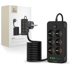 Tech-Protect Multifunktionel Strømskinne m. 6 x Udtag / 3 x USB-A / 3 x USB-C - 2m - Sort