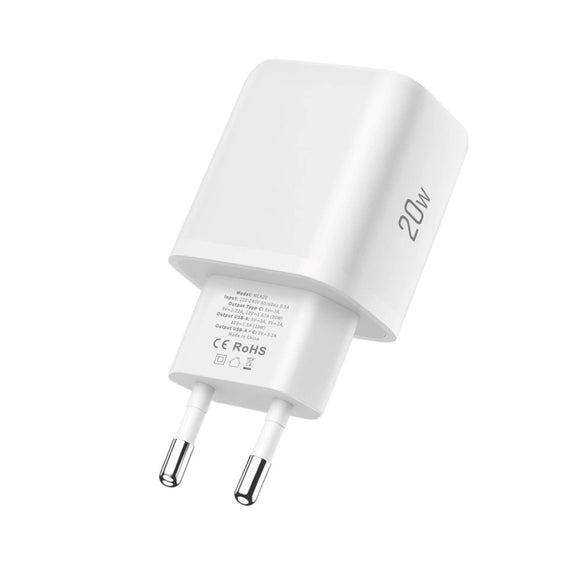 Tech-Protect NCA20 Vægoplader m. 20W - 1 x USB-A & 1 x USB-C - Hvid
