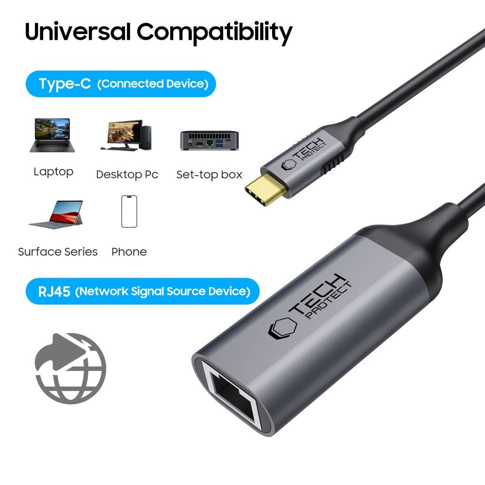 USB-C til Ethernet RJ45 Adapter Tech-Protect Ultraboost - 1000Mbps - Sort