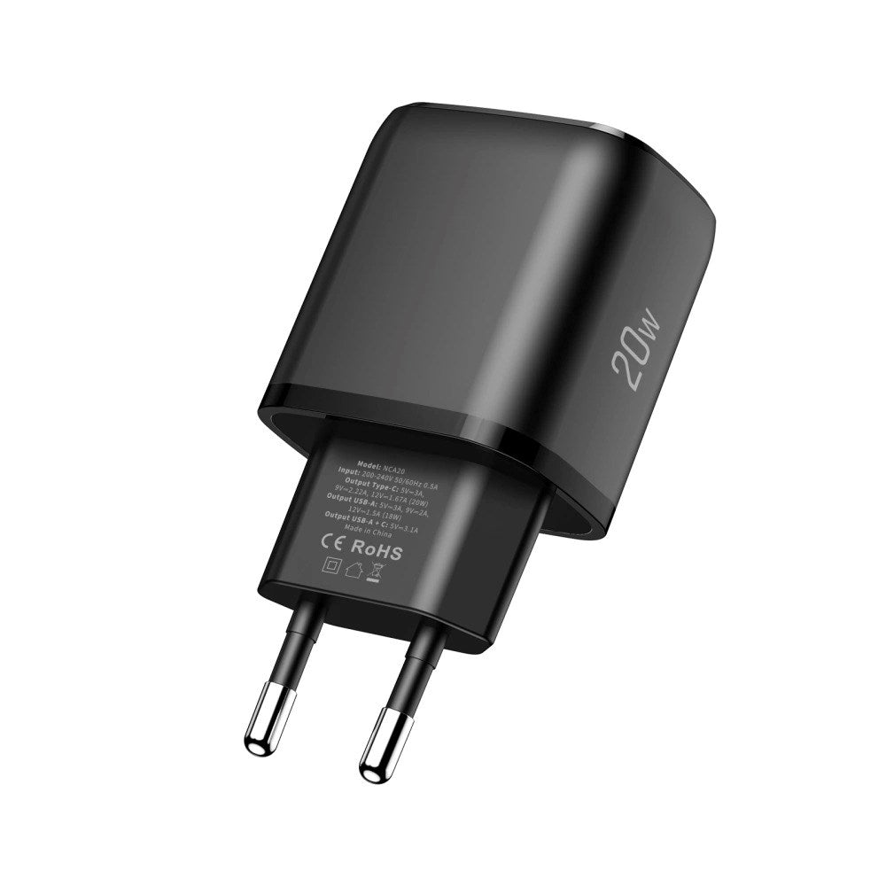 Tech-Protect NCA20 Vægoplader m. 20W - 1 x USB-A & 1 x USB-C - Sort