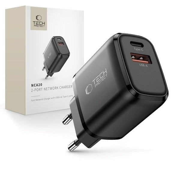 Tech-Protect NCA20 Vægoplader m. 20W - 1 x USB-A & 1 x USB-C - Sort
