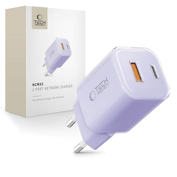 Tech-Protect 33W Vægoplader m. 1x USB-A & 1x USB-C - Lilla