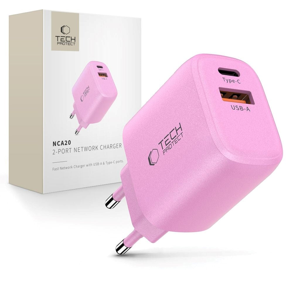 Tech-Protect NCA20 Vægoplader m. 20W - 1 x USB-A & 1 x USB-C - Lyserød