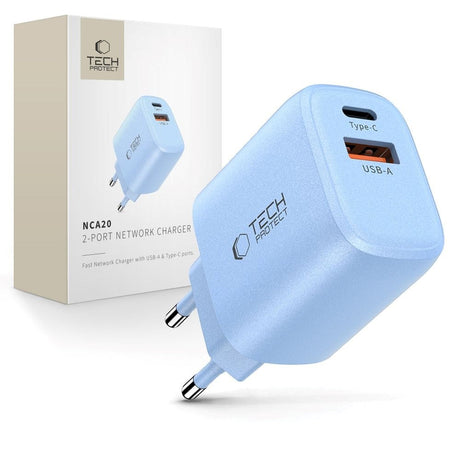 Tech-Protect NCA20 Vægoplader m. 20W - 1 x USB-A & 1 x USB-C - Blå