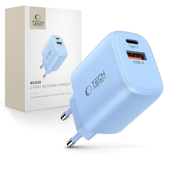 Tech-Protect NCA20 Vægoplader m. 20W - 1 x USB-A & 1 x USB-C - Blå