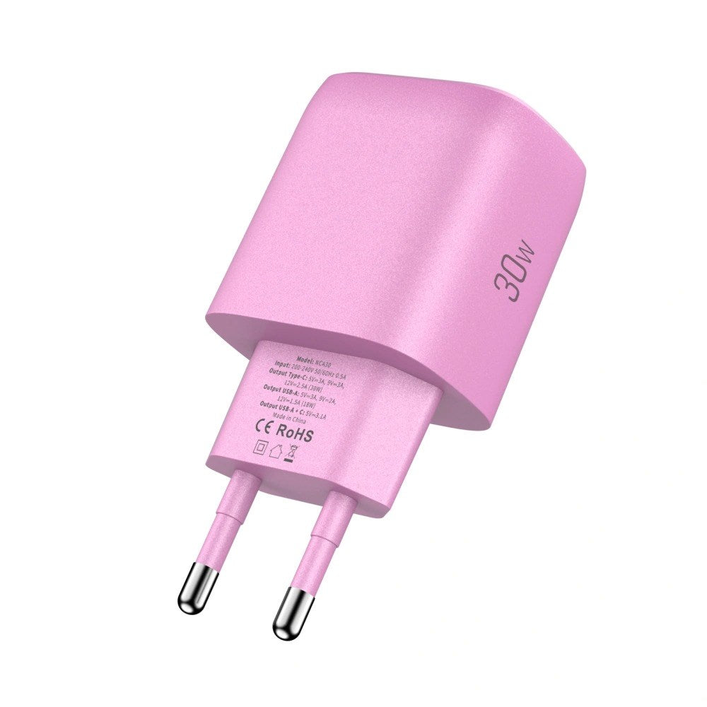 Tech-Protect NCA30 Vægoplader m. 30W - 1 x USB-A & 1 x USB-C - Lyserød