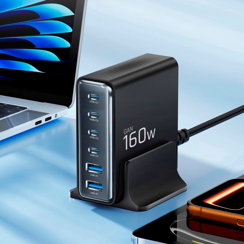 Tech-Protect 160W GaN Bordoplader m. 2 x USB-A & 4 x USB-C - Sort