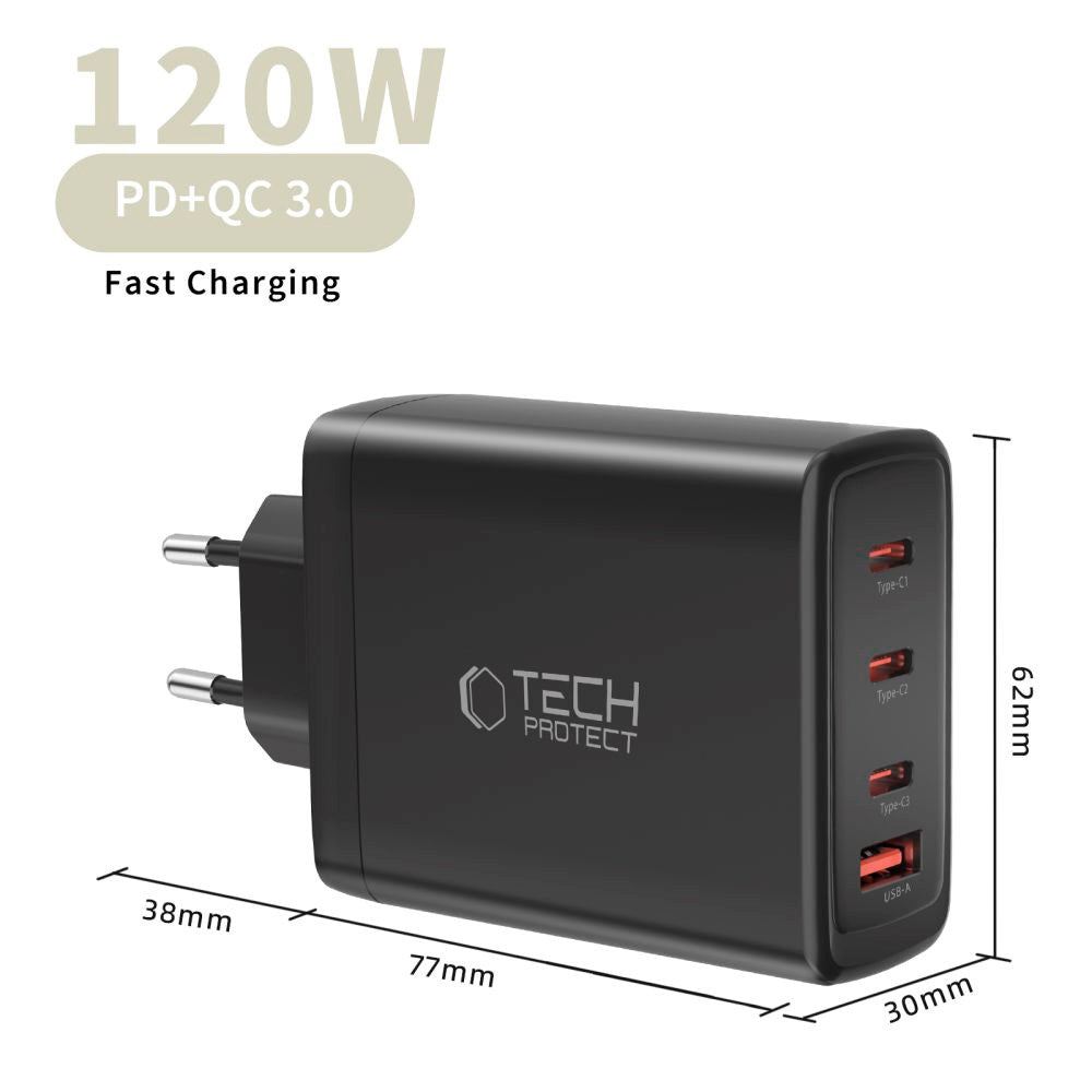 Tech-Protect 120W GaN Vægoplader m. 1 x USB-A & 3 x USB-C - Sort