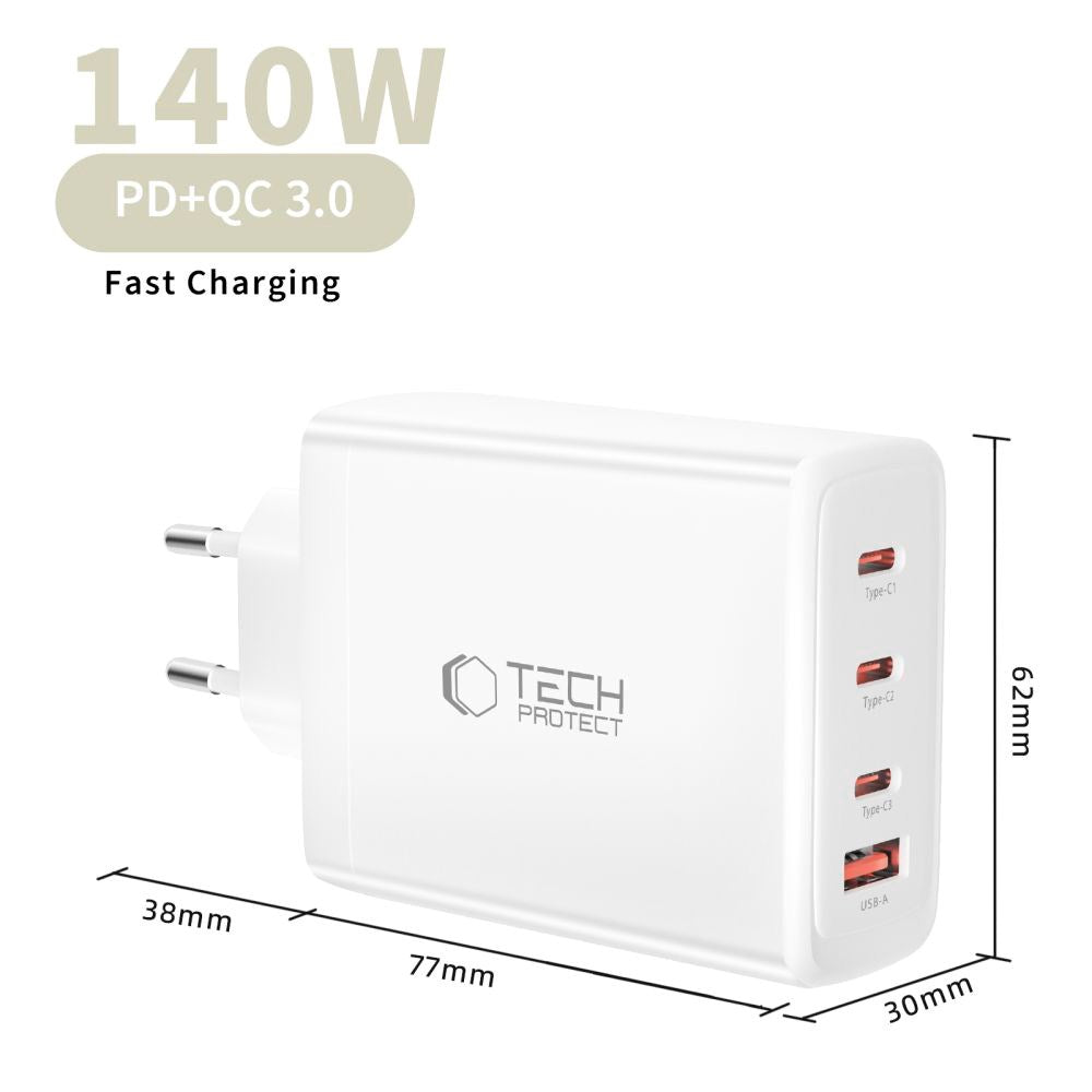 Tech-Protect 140W GaN Vægoplader m. 1 x USB-A & 3 x USB-C - Hvid