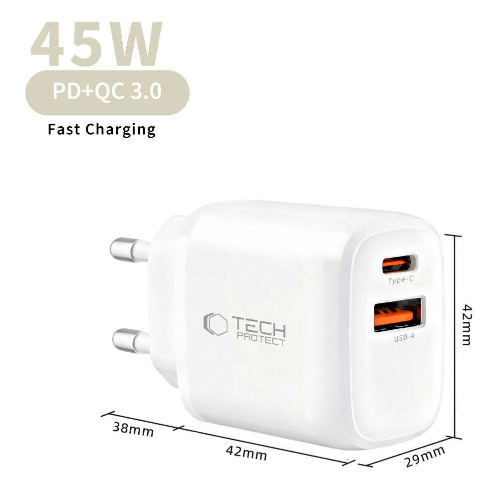 Tech-Protect 45W Vægoplader m. 1 x USB-C & 1 x USB-A - Hvid