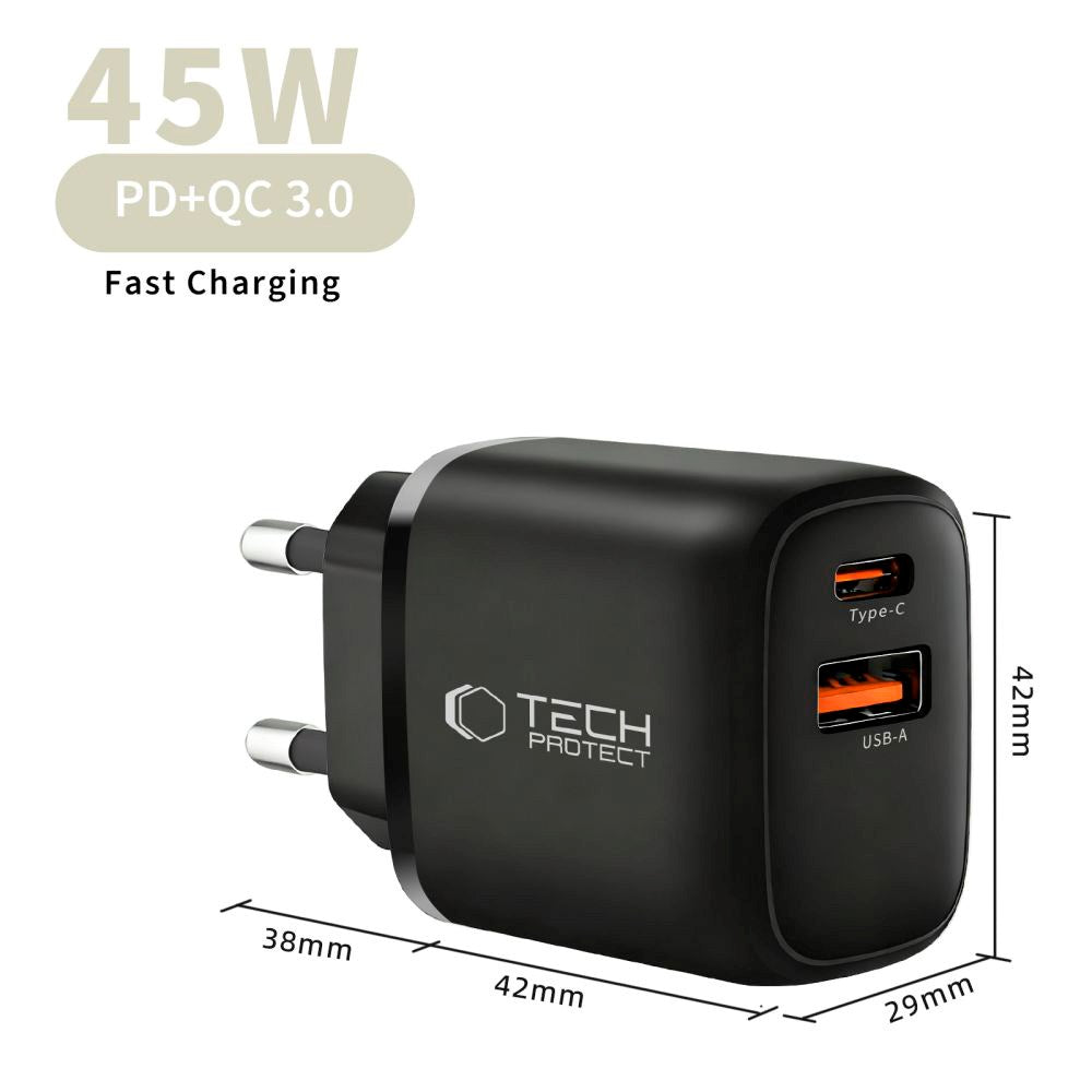Tech-Protect 45W Vægoplader m. 1 x USB-C & 1 x USB-A - Sort