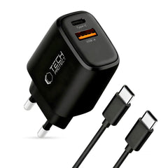 Tech-Protect 45W GaN Vægoplader m. 1 x USB-A / 1 x USB-C / 1 x USB-C til USB-C Kabel - Sort