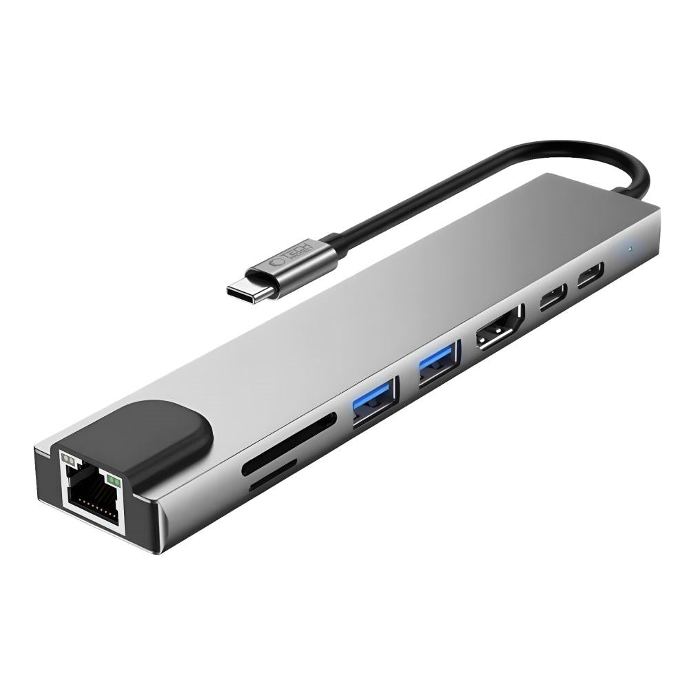 8-i-1 USB-C Multiport Adapter m. 1 X SD Kortlæser 1 X TF Kortlæser 2 X USB-A 1 X HDMI 2 X USB-C 1 X RJ45 Tech-Protect - Grå