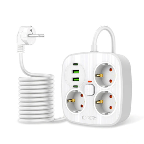 Tech-Protect Multifunktionel Strømskinne m. 3 x Udtag / 2 x USB-A / 2 x USB-C - 2m - Hvid