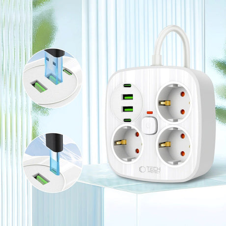 Tech-Protect Multifunktionel Strømskinne m. 3 x Udtag / 2 x USB-A / 2 x USB-C - 2m - Hvid